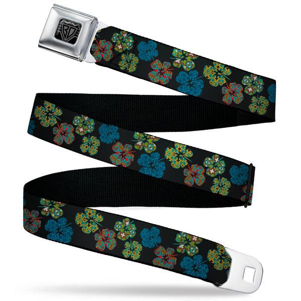 buckle down BD Wings Logo CLOSE-UP Black/Silver Seatbelt Belt - Pixilated Hibiscus Flowers Black/Multi Color Webbing