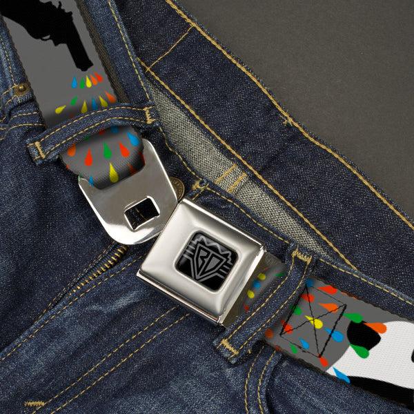 Buckle Down BD Wings Logo CLOSE-UP Black/Silver Seatbelt Belt - Panda Shooting Drops Gray/Black/White/Mutli Color Webbing