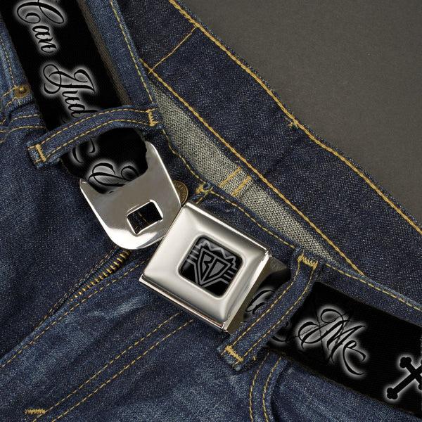 Buckle Down BD Wings Logo CLOSE-UP Black/Silver Seatbelt Belt - ONLY GOD CAN JUDGE ME Script/Rosary Black/Grays/White Webbing