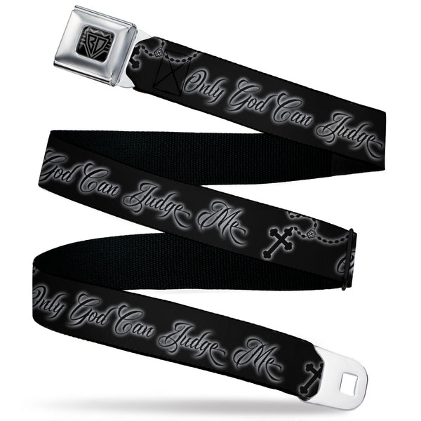 buckle down BD Wings Logo CLOSE-UP Black/Silver Seatbelt Belt - ONLY GOD CAN JUDGE ME Script/Rosary Black/Grays/White Webbing