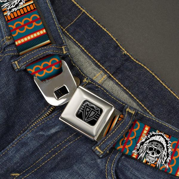Buckle Down BD Wings Logo CLOSE-UP Black/Silver Seatbelt Belt - Native American Skull/Tapestry Multi Color/White/Black Webbing