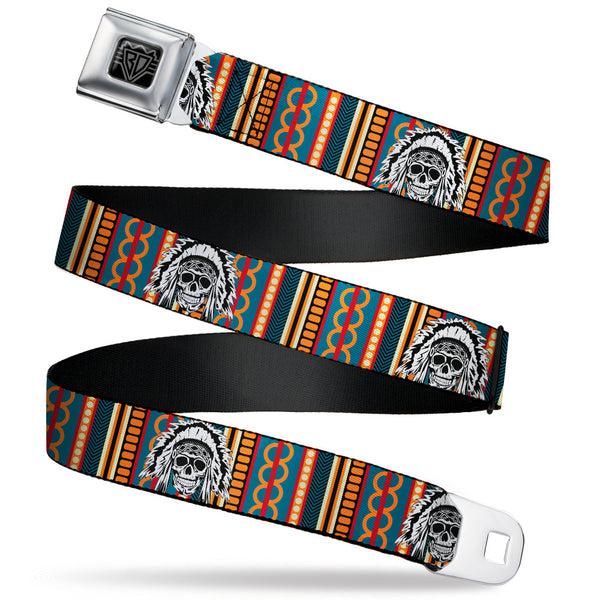 buckle down BD Wings Logo CLOSE-UP Black/Silver Seatbelt Belt - Native American Skull/Tapestry Multi Color/White/Black Webbing