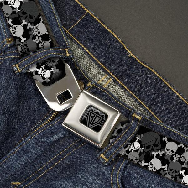 Buckle Down BD Wings Logo CLOSE-UP Black/Silver Seatbelt Belt - Multi Top Skulls Stacked Blak/Gray/White Webbing