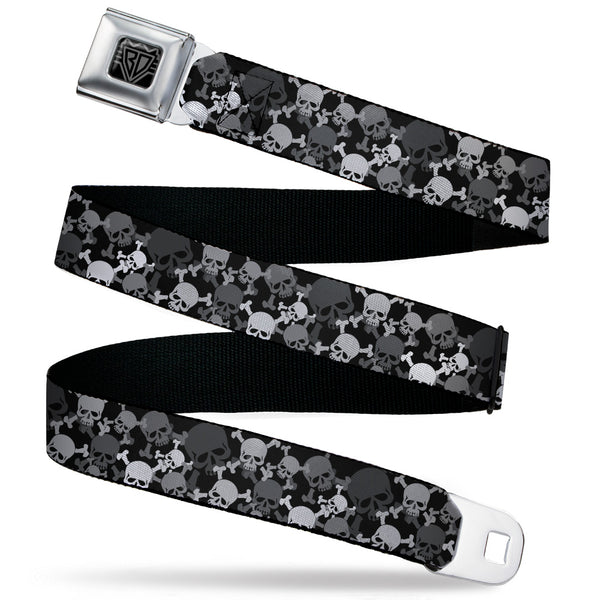 buckle down BD Wings Logo CLOSE-UP Black/Silver Seatbelt Belt - Multi Top Skulls Stacked Blak/Gray/White Webbing