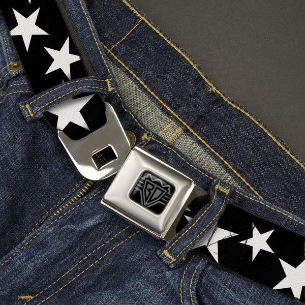 Buckle Down BD Wings Logo CLOSE-UP Black/Silver Seatbelt Belt - Multi Stars Black/White/Black/White Outline Webbing