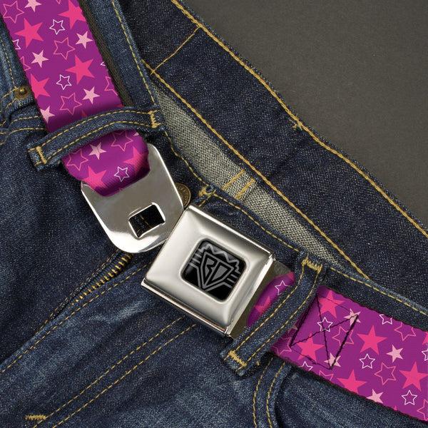 Buckle Down BD Wings Logo CLOSE-UP Black/Silver Seatbelt Belt - Mini Star Assortment Purple/Pinks/White Webbing