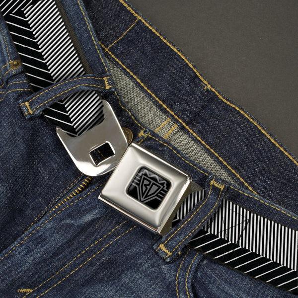 Buckle Down BD Wings Logo CLOSE-UP Black/Silver Seatbelt Belt - Hash Mark Stripe Black/White Webbing