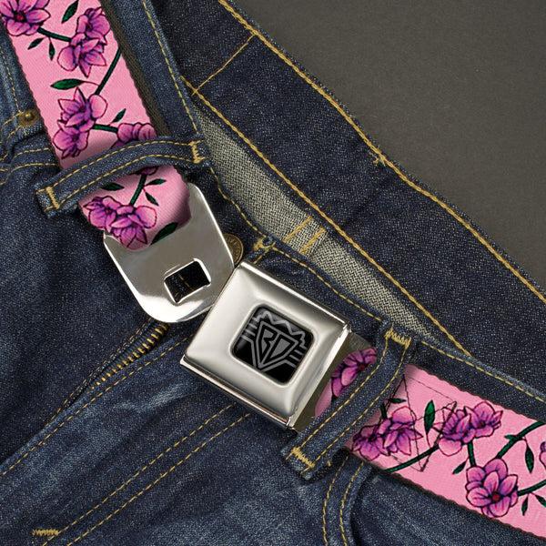 Buckle Down BD Wings Logo CLOSE-UP Black/Silver Seatbelt Belt - Floral Chain Pink Webbing