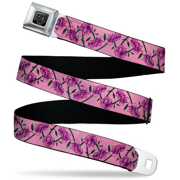 buckle down BD Wings Logo CLOSE-UP Black/Silver Seatbelt Belt - Floral Chain Pink Webbing