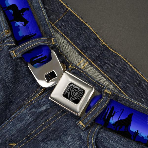 Buckle Down BD Wings Logo CLOSE-UP Black/Silver Seatbelt Belt - Cowboy/Coyote Silhouettes/Western Landscape Blues/Black Webbing