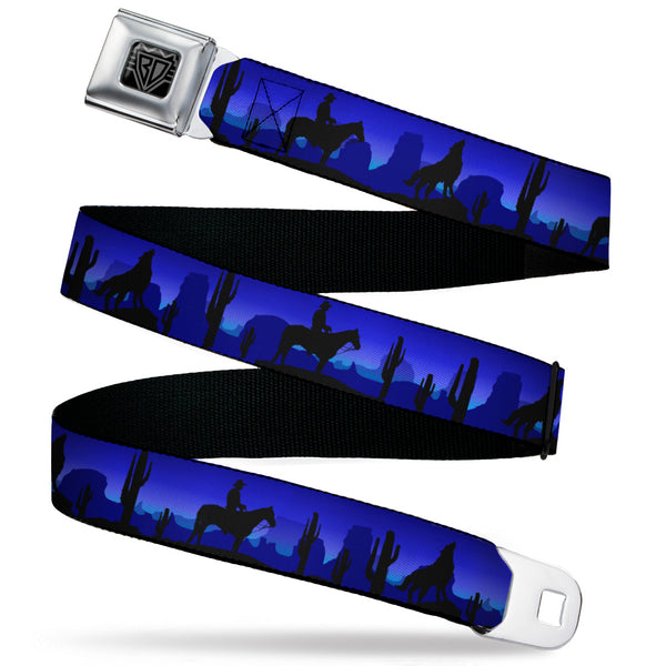 buckle down BD Wings Logo CLOSE-UP Black/Silver Seatbelt Belt - Cowboy/Coyote Silhouettes/Western Landscape Blues/Black Webbing