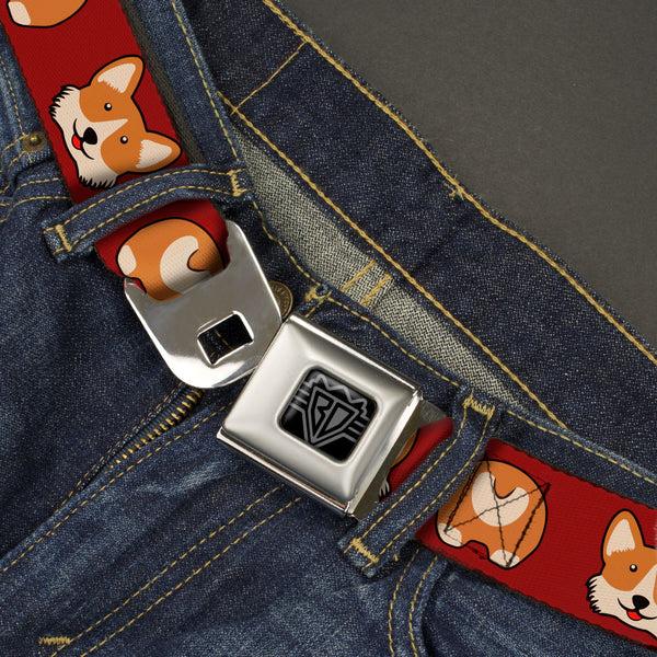 Buckle Down BD Wings Logo CLOSE-UP Black/Silver Seatbelt Belt - Corgi Face/Rump Red Webbing