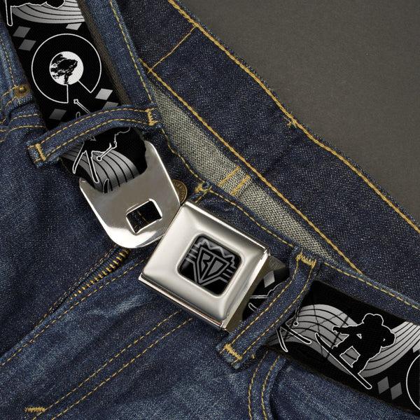 Buckle Down BD Wings Logo CLOSE-UP Black/Silver Seatbelt Belt - Colorado Skier/Snowboarder Black/White/Grays Webbing