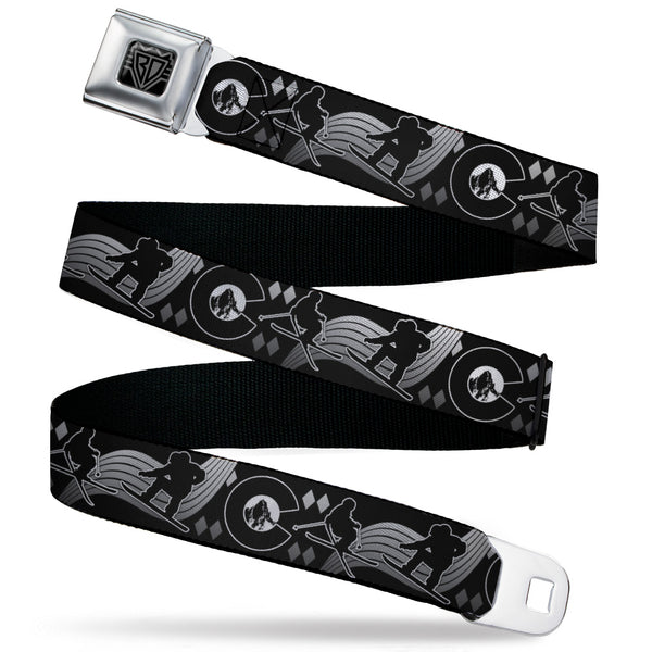buckle down BD Wings Logo CLOSE-UP Black/Silver Seatbelt Belt - Colorado Skier/Snowboarder Black/White/Grays Webbing