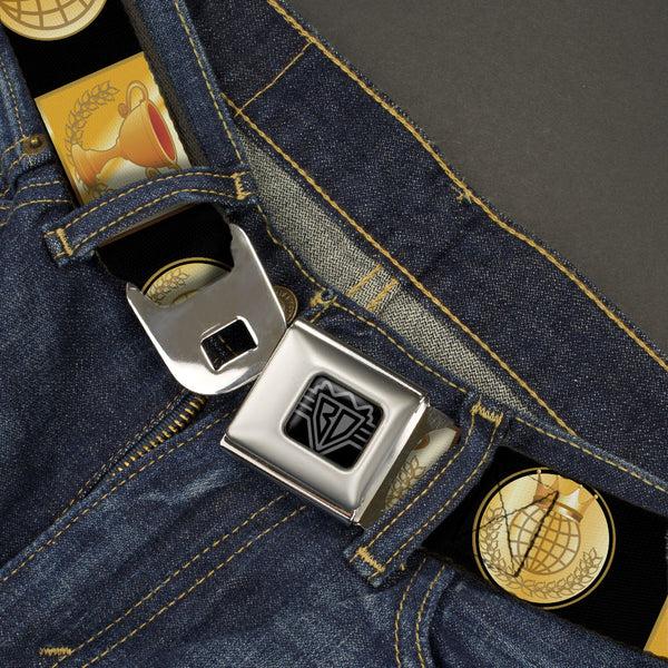 Buckle Down BD Wings Logo CLOSE-UP Black/Silver Seatbelt Belt - CHAMPION Belt/Icons Black/Golds Webbing