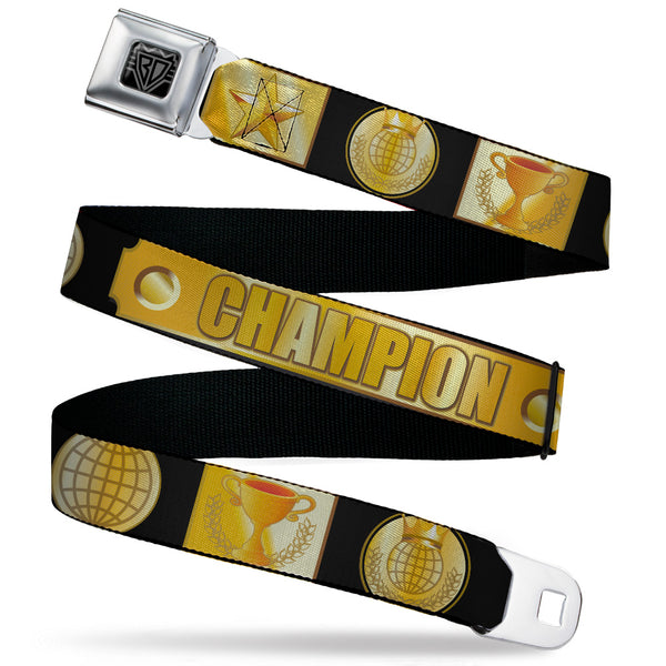 buckle down BD Wings Logo CLOSE-UP Black/Silver Seatbelt Belt - CHAMPION Belt/Icons Black/Golds Webbing