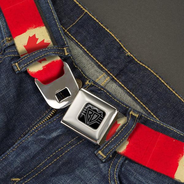 Buckle Down BD Wings Logo CLOSE-UP Black/Silver Seatbelt Belt - Canada Flag Painted Webbing