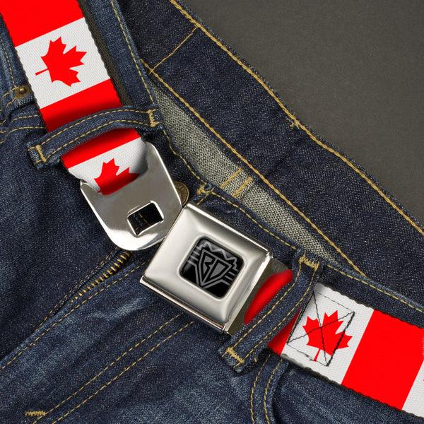 Buckle Down BD Wings Logo CLOSE-UP Black/Silver Seatbelt Belt - Canada Flag Continuous Webbing