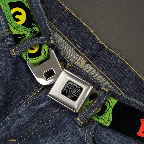 Buckle Down BD Wings Logo CLOSE-UP Black/Silver Seatbelt Belt - BRAINS/Zombie Face CLOSE-UP Black/Red/Green/Yellow Webbing