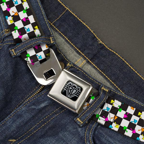 Buckle Down BD Wings Logo CLOSE-UP Black/Silver Seatbelt Belt - Mushrooms Scattered Checker Black/White/Multi Neon Webbing