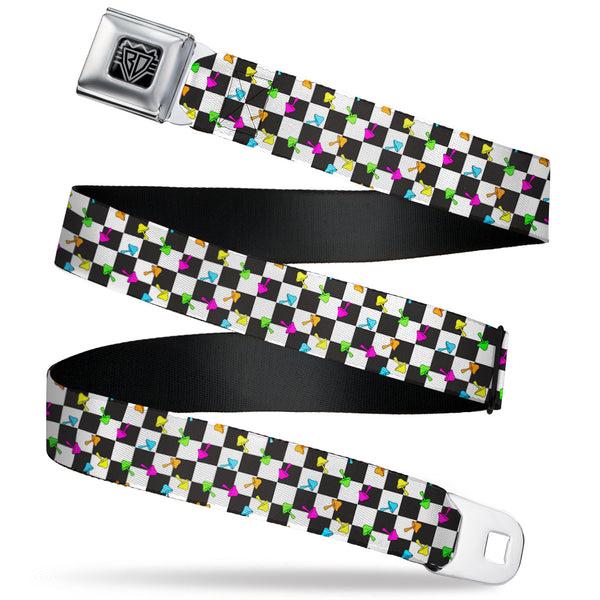 buckle down BD Wings Logo CLOSE-UP Black/Silver Seatbelt Belt - Mushrooms Scattered Checker Black/White/Multi Neon Webbing