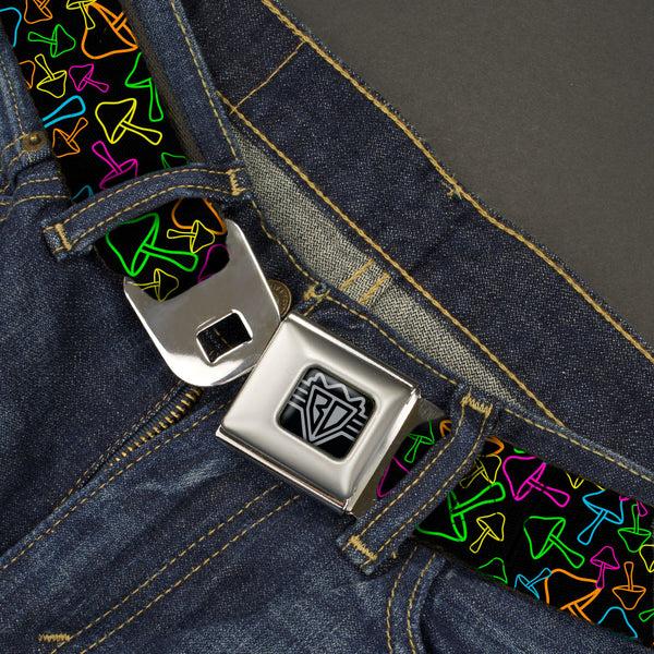 Buckle Down BD Wings Logo CLOSE-UP Black/Silver Seatbelt Belt - Mushroom Outline Scattered Black/Multi Neon Webbing