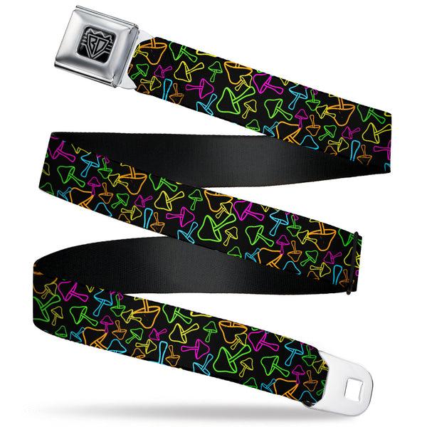 buckle down BD Wings Logo CLOSE-UP Black/Silver Seatbelt Belt - Mushroom Outline Scattered Black/Multi Neon Webbing