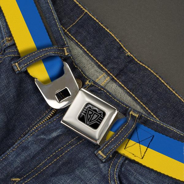 Buckle Down BD Wings Logo CLOSE-UP Black/Silver Seatbelt Belt - Ukraine Flag Continuous Webbing