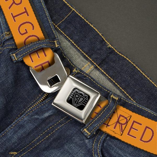 Buckle Down BD Wings Logo CLOSE-UP Black/Silver Seatbelt Belt - TRIGGERED Orange/Burgundy Webbing