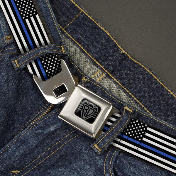 Buckle Down BD Wings Logo CLOSE-UP Black/Silver Seatbelt Belt - Thin Blue Line Flag Continuous Black/Gray/Blue Webbing