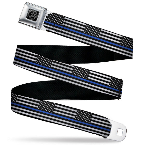 buckle down BD Wings Logo CLOSE-UP Black/Silver Seatbelt Belt - Thin Blue Line Flag Continuous Black/Gray/Blue Webbing