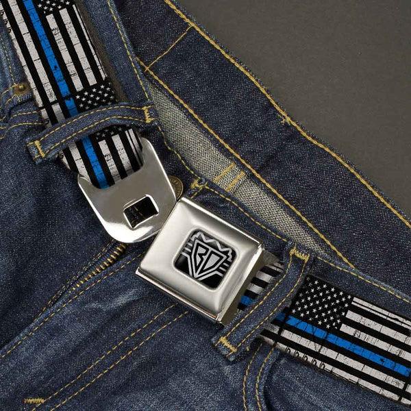 Buckle Down BD Wings Logo CLOSE-UP Black/Silver Seatbelt Belt - Thin Blue Line Flag Weathered Black/Gray/Blue Webbing