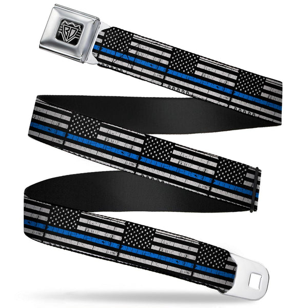 buckle down BD Wings Logo CLOSE-UP Black/Silver Seatbelt Belt - Thin Blue Line Flag Weathered Black/Gray/Blue Webbing
