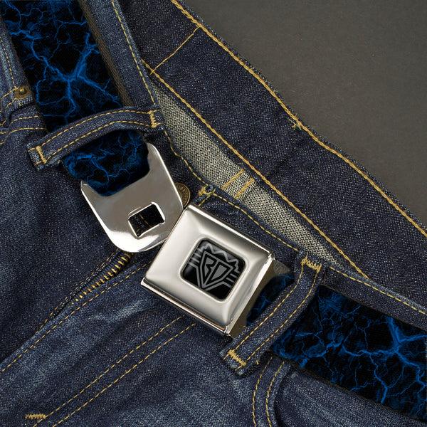 Buckle Down BD Wings Logo CLOSE-UP Black/Silver Seatbelt Belt - Marble Black/Blue Webbing