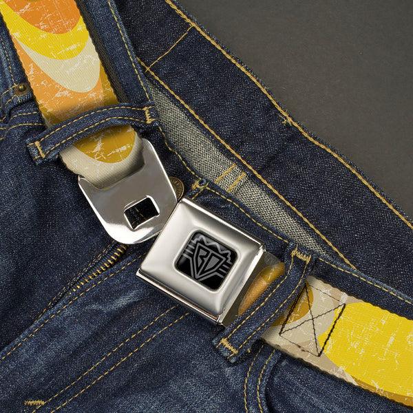 Buckle Down BD Wings Logo CLOSE-UP Black/Silver Seatbelt Belt - Spots Stacked Weathered Yellows/Browns Webbing