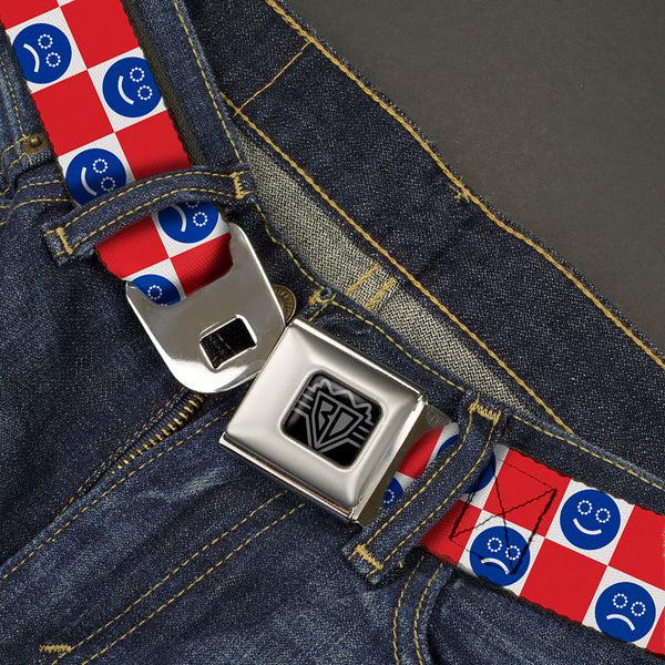 Buckle Down BD Wings Logo CLOSE-UP Black/Silver Seatbelt Belt - Smiley Sad Face Checker Red/White/Blue Webbing