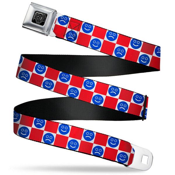buckle down BD Wings Logo CLOSE-UP Black/Silver Seatbelt Belt - Smiley Sad Face Checker Red/White/Blue Webbing