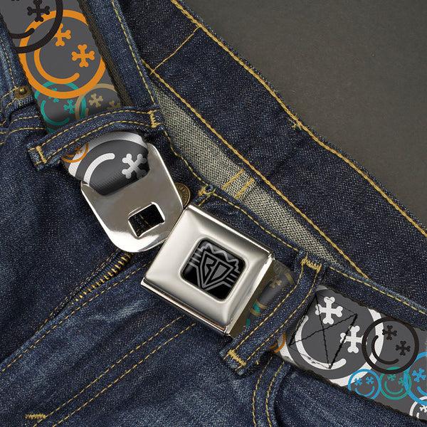 Buckle Down BD Wings Logo CLOSE-UP Black/Silver Seatbelt Belt - Smiley Face Crossbones Stacked Gray/Multi Color Webbing
