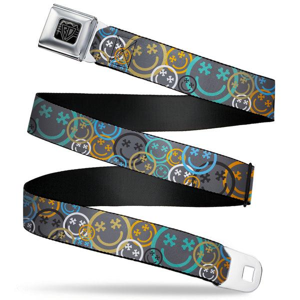 buckle down BD Wings Logo CLOSE-UP Black/Silver Seatbelt Belt - Smiley Face Crossbones Stacked Gray/Multi Color Webbing
