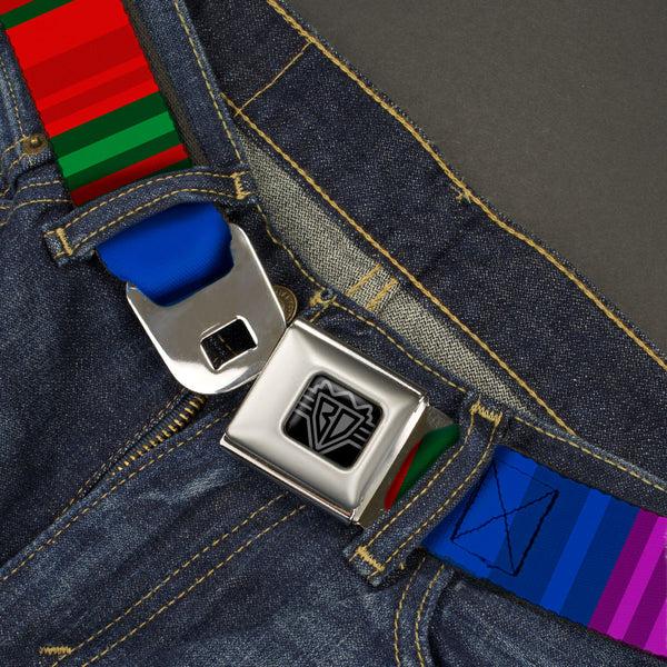 Buckle Down BD Wings Logo CLOSE-UP Black/Silver Seatbelt Belt - Zarape8 Vertical Multi Color Stripe Webbing