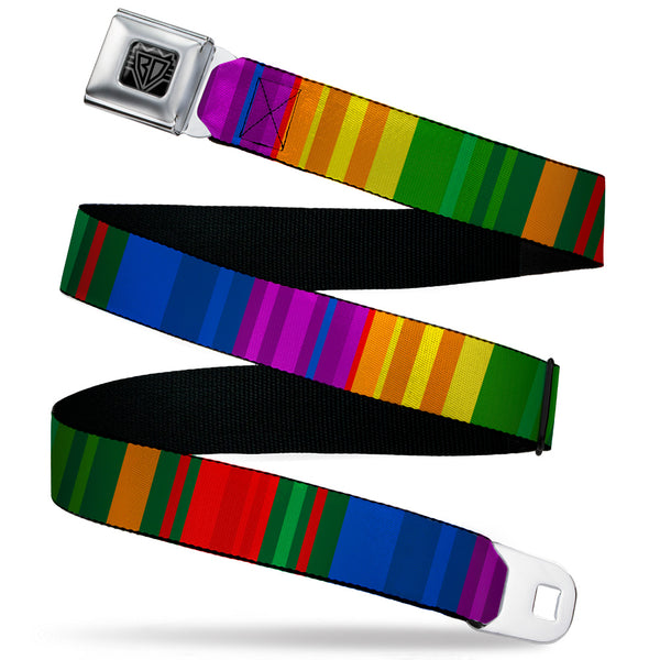 buckle down BD Wings Logo CLOSE-UP Black/Silver Seatbelt Belt - Zarape8 Vertical Multi Color Stripe Webbing