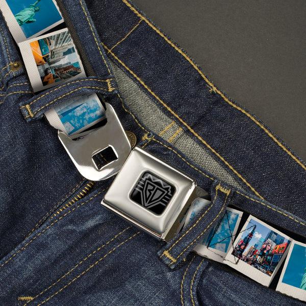 Buckle Down BD Wings Logo CLOSE-UP Black/Silver Seatbelt Belt - Vivid New York City Snapshots Stacked Webbing