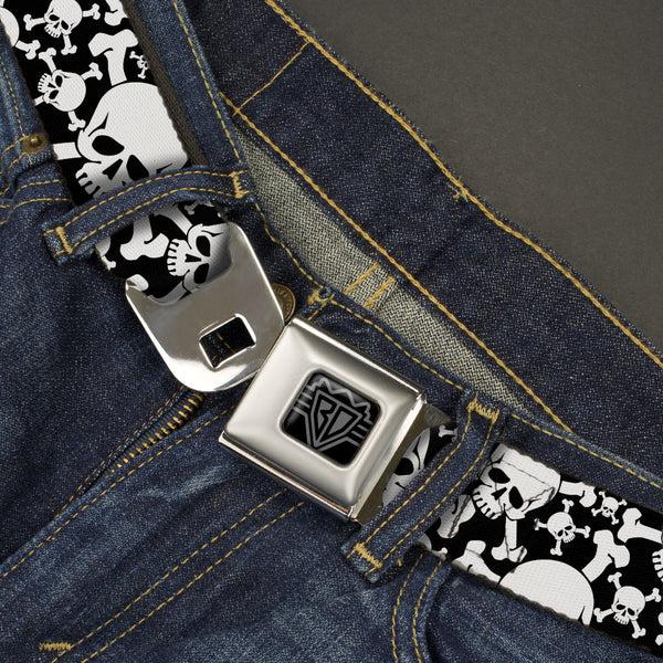 Buckle Down BD Wings Logo CLOSE-UP Black/Silver Seatbelt Belt - Top Skulls CLOSE-UP Stacked Black/White Webbing