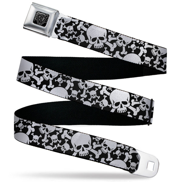 buckle down BD Wings Logo CLOSE-UP Black/Silver Seatbelt Belt - Top Skulls CLOSE-UP Stacked Black/White Webbing