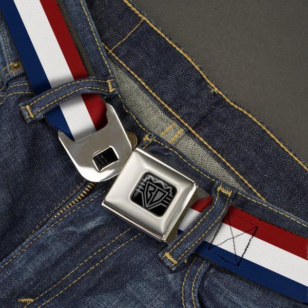 Buckle Down BD Wings Logo CLOSE-UP Black/Silver Seatbelt Belt - Stripes Red/White/Blue Webbing