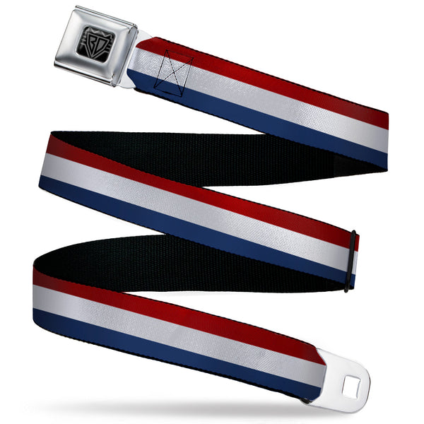 buckle down BD Wings Logo CLOSE-UP Black/Silver Seatbelt Belt - Stripes Red/White/Blue Webbing