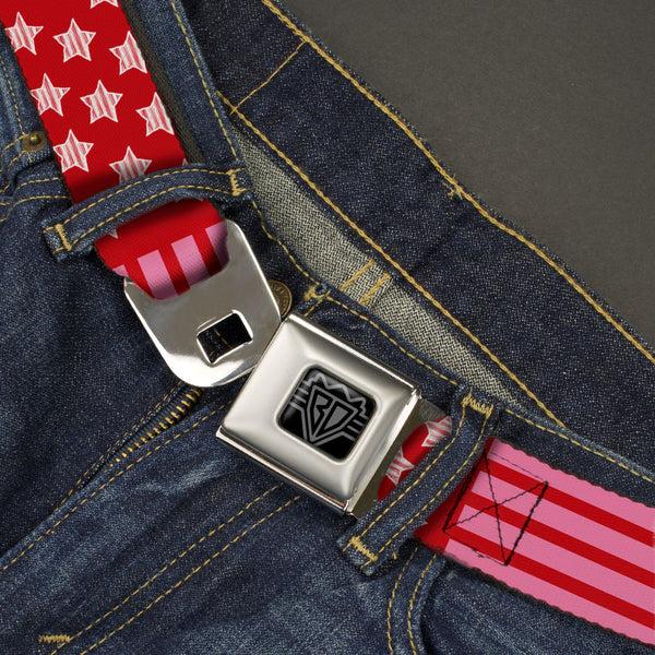 Buckle Down BD Wings Logo CLOSE-UP Black/Silver Seatbelt Belt - Stars & Stripes2 Red/White/Pink Webbing