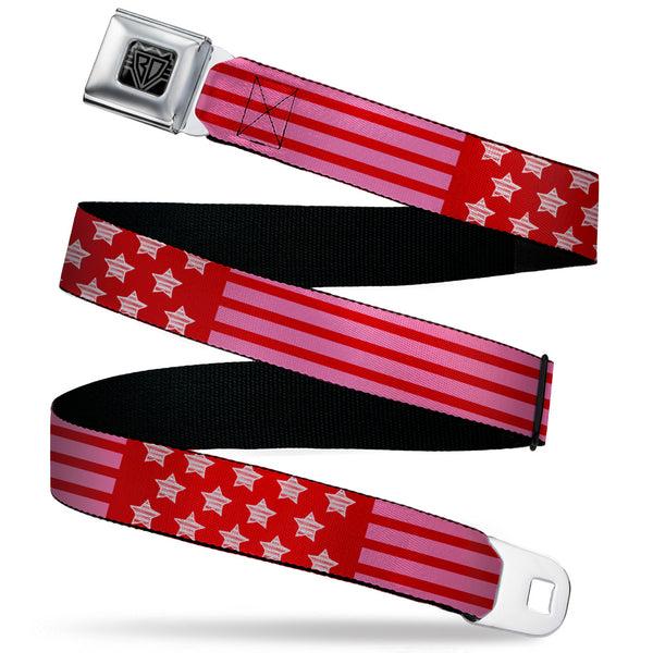 buckle down BD Wings Logo CLOSE-UP Black/Silver Seatbelt Belt - Stars & Stripes2 Red/White/Pink Webbing