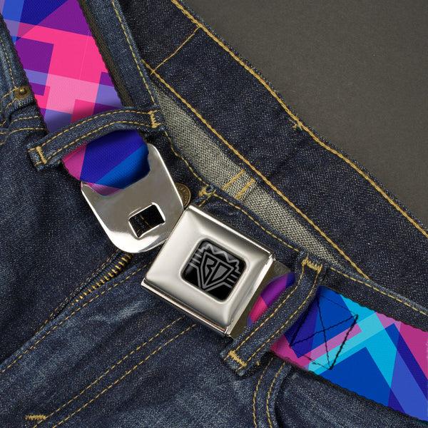 Buckle Down BD Wings Logo CLOSE-UP Black/Silver Seatbelt Belt - Squares Stacked Blues/Pinks/Purples Webbing