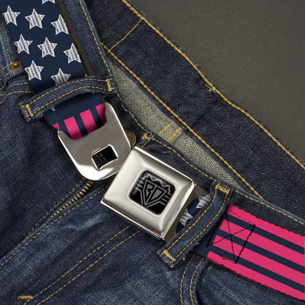 Buckle Down BD Wings Logo CLOSE-UP Black/Silver Seatbelt Belt - Stars & Stripes2 Blue/White/Pink Webbing